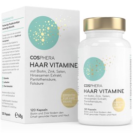 Cosphera Cosphera Haar-Vitamine - Hochdosiert mit Biotin, Selen und Zink als Beitrag zum Erhalt normaler Haare. Plus Folsäure & Hirse Samen Extrakt (reich an Silizium) - 120 vegane Kapseln im 2 Monatsvorrat.