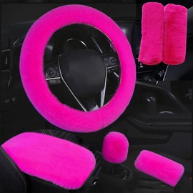 SPANICE 6pcs in 1 Set Fluffy Faux Wool Steering Wheel Cover & Soft Handbrake Cover & Gear Shift Cover & 2pcs Seat Belt Shoulder Pads & Center Console Cover Warm Universal Fit (Rose Red)