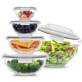 JoyJolt Kitchen Mixing Bowls. 5pc Glass Bowls with Lids Set – Neat Nesting Bowls. Large Mixing Bowl Set incl Batter Bowl, Cooking Bowls, Storage Bowls with Lids and Big Salad Bowl with BPA-Free Lids