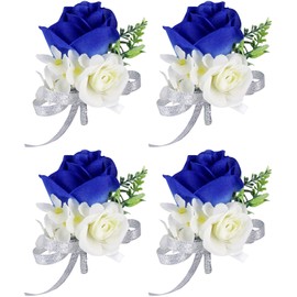 ChezMax Rose Boutonniere Handmade Flower Artificial Corsage with Clip and Ribbon 4 PCS for Bride Groom Wedding Prom Party