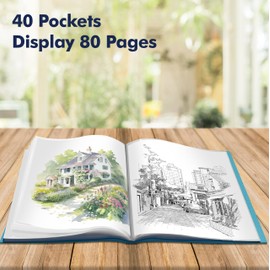 Art Portfolio Folder, 40 Clear Pockets Acqua Paper Protectors Display 80 Pages Clear Presentation Book for Artworks, Letters, Report Sheets, Documents (Can Accommodate 8.5” x11 11/16”)