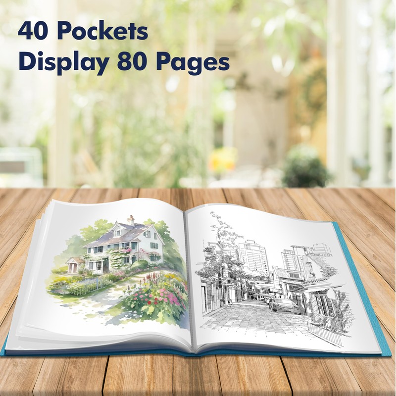 Art Portfolio Folder, 40 Clear Pockets Acqua Paper Protectors Display