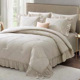 Beige King Size Comforter Set, Bed in a Bag 7 Pcs Bedding Set