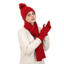 Double Couple Winter Beanie Hat Scarf Gloves Set for Women Beanie with Pom Long Scarf Warm Touchscreen Gloves Set