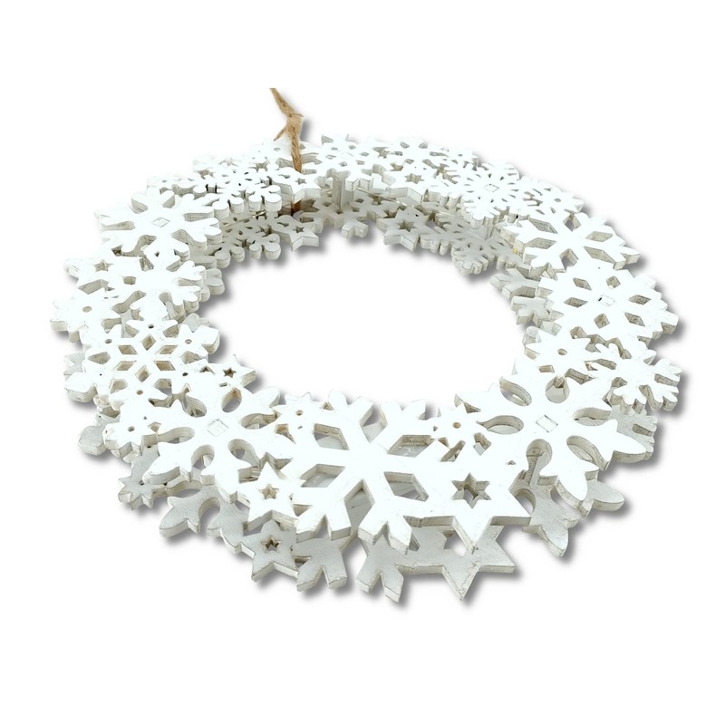 Wooden LED Wreath Diameter 22 cm with Snowflakes and Stars