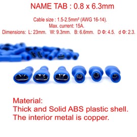 JZK 100pcs 6.3 x 0.8mm Blue Quick Connectors Socket Fully Insulated Push-On Female Crimp Terminals