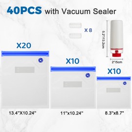 ZABINS Electric Vacuum Sealer Set - Portable Vacuum Sealer & 40PCS Reusable Vacuum Bags (3 Sizes), Food Freshness Saver for Sous Vide, Freezer, Travel & Home Use