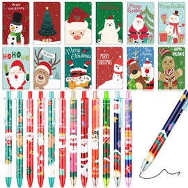Nezyo 12 Sets Mini Christmas Notebooks and Ballpoint Pen Pockets Notepads Black Ink Pens, Santa Claus Snowman Snowflakes Pattern, Small Gifts for Christmas Party, 12 Styles