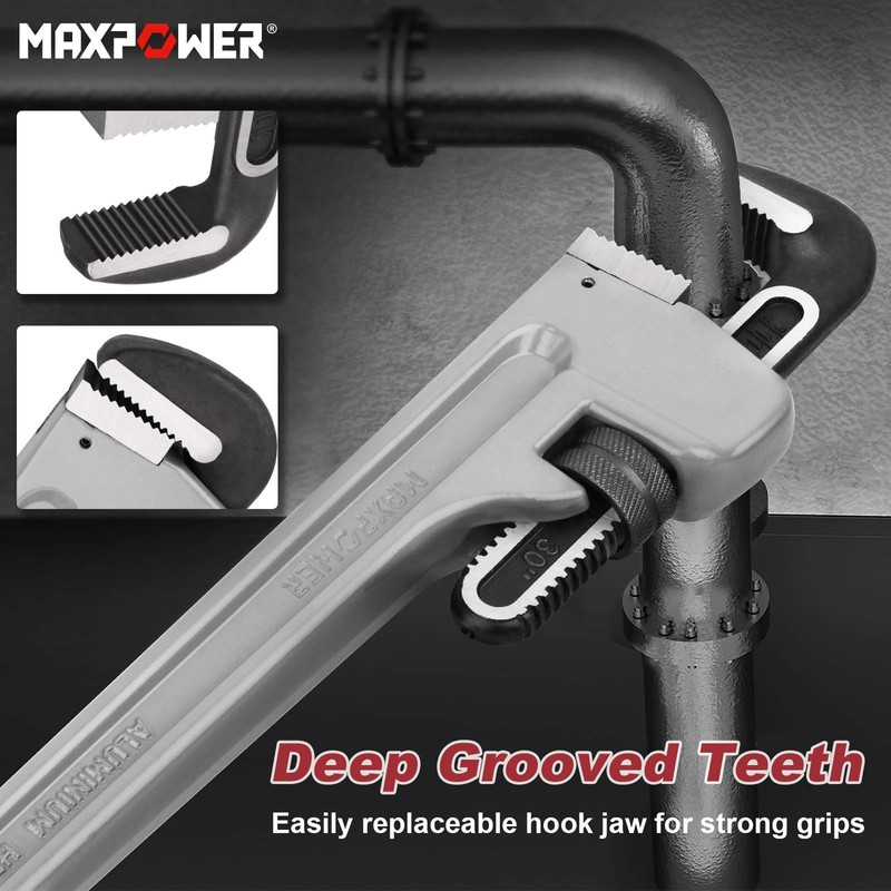 MAXPOWER 30-inch Pipe Wrench, Aluminum Straight Plumbing Wrench Heavy Duty