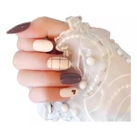 Nails Uñas Decoradas Postizas Desmontables Pequeñas Café Crema