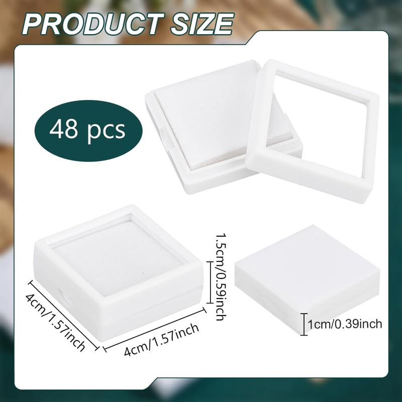 BENECREAT 48Pcs White Gemstone Display Box, 4x4x1.5cm Plastic Transparent Bare