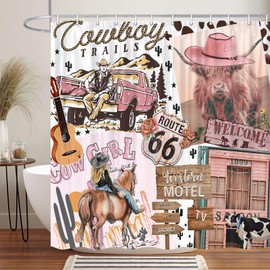 Rustic Western Pink Shower Curtain for Bathroom, Funny Longhorn Cattle Cow Cowboy Cowgirl Shower Curtain Set Shower Curtain, Cute Western Desert Farmhouse Fabric Bath Curtain 12PCS Hooks 70X70IN