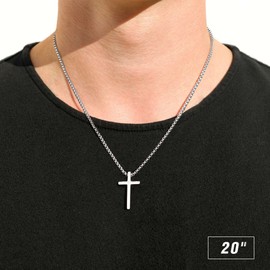 M MOOHAM Cross Necklace for Men - Silver Stainless Steel Mens Cross Chain Cross Pendant Cross Necklace 20 Inch, Christian Gifts for Men