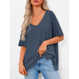 Tankaneo Womens Oversized Tshirts V Neck Short Sleeve Tops Summer Casual Loose Fit Tunic Tee Shirts Blue Grey