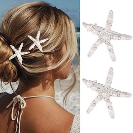 CAKURE Starfish Hair Clips Silver Metal Sea Star Hair Barrettes Cute Pearl Side Hair Pins Beach Hair Accessories for Women and Girls (Pack of 2) (b-silver)