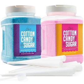 The Candery Cotton Candy Floss Sugar 32oz (2-Pack) Includes 100 Premium Cones | Raspberry Blue and Strawberry | Plastic, Reusable Jars | Easy Pour Spout or Scoop | Includes Scooper | 2 LBS Jars