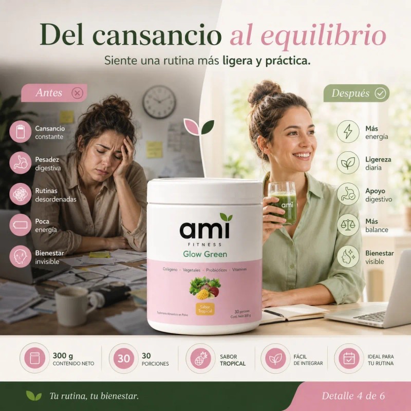 Ami Glow Green Colágeno Probióticos Fitness Mujer