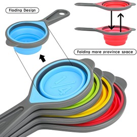 Juego de tazas y cucharas medidoras de silicona, juego de cucharas medidoras plegables, 4 tazas medidoras de silicona y 4 cucharas medidoras, grabadas métricas de Estados Unidos, tazas medidoras de colores