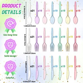 Zhehao 405 Pcs Hard Plastic Utensils Plastic Silverware Set Cutlery Set Disposable Flatware Dinnerware Forks 135 Spoons and Knives Birthday Wedding Party Dinner(Glitter,Rainbow Colors)