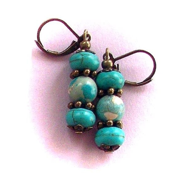 Blue Howlite And Magnesite Drop Earring Bronze Lever Back Handcrafted