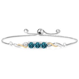 Gem Stone King 925 Sterling Silver and 10K Yellow Gold London Blue Topaz and White Lab Grown Diamond Tennis Bracelet For Women (2.12 Cttw, Gemstone November Birthstone, Fully Adjustable Up to 9 Inch)