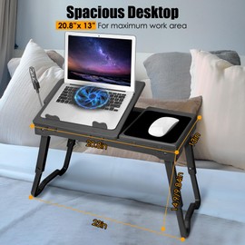 Laptop Desk for Bed Couch, Adjustable Foldable Laptop Table with LED Light, Cooling Fan, USB Port, Portable Lap Desk for Working, Reading, Writing, Eating(Black)