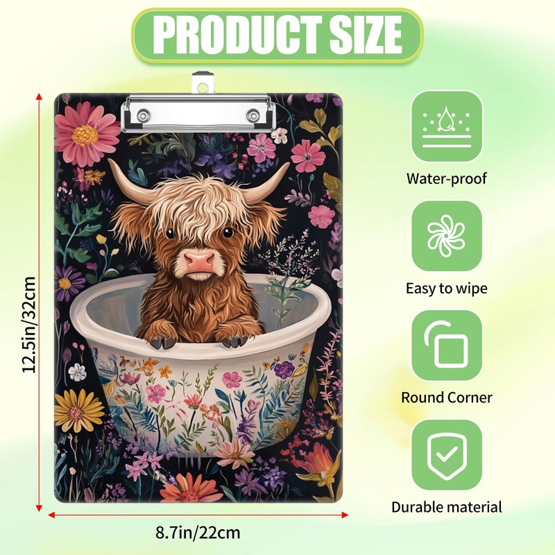 Highland Cow Clipboard, Cute Decorative Clip Board with Metal Clip