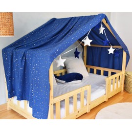 YellowNest House Bed Canopy - 100% Cotton - Muslin Bed for Bed 70 x 140 cm and 80 x 160 cm - with Bunting Children's Room Star (Navy Blue Bunting Star, 130 x 320 cm)