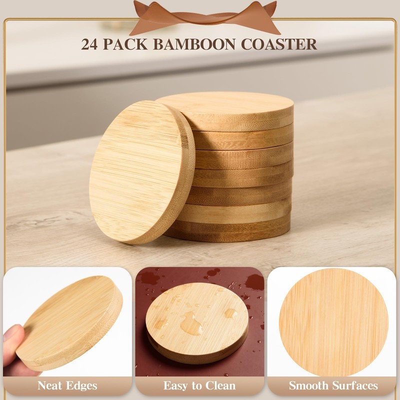 24 Pcs Round Bamboo Coaster 8 CM Wood Coaster Natural