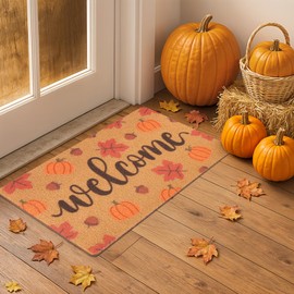 Fttoyoly Fall Pumpkin Door Mat for Front Door, Welcome Mat Outside Entrance with Red Maple Leaves, Fall Outdoor Porch Decor for Entryway or Indoor, 17" x 29.5"