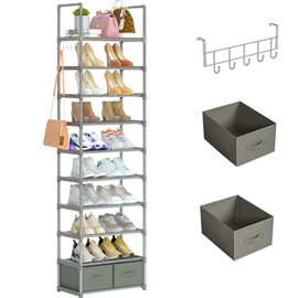 OYREL Shoe Rack, Sturdy Metal Shoes Rack Organizer,Narrow Shoe Rack,Shoe Racks for Closets,Shoes Rack,Shoe Stand,Shoe Shelf (10 Tier with 2 Boxes and 1 Hook)