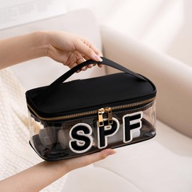 RSRSLEII Clear Waterproof Summer SPF Makeup Bag，Aesthetic Transparent Letter Patch Cosmetic Bag with Metal Zipper, Preppy Sunscreen Accessories Storage Organization, Beach Travel Purse(07SPF Black)