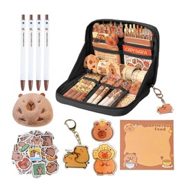 Solvexa Capybara Pencil Case Kit, Large Capacity 12-Layer Stationery Bag With Plush Brooch, Pen, Keychain, Stickers, Cute Memo Pad and Clip (Black)