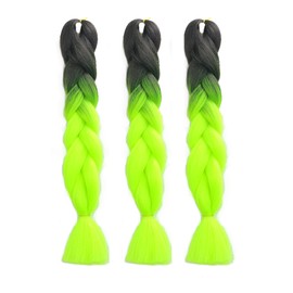 Ombre Braiding Hair Extensions 3 Pack/24 Inch Color Braiding Hair Fiber Crochet Hair for Box Braids Senegal Twist Hair Extensions for Women and Girls(24 Inch, Black/Fluorescent Green)
