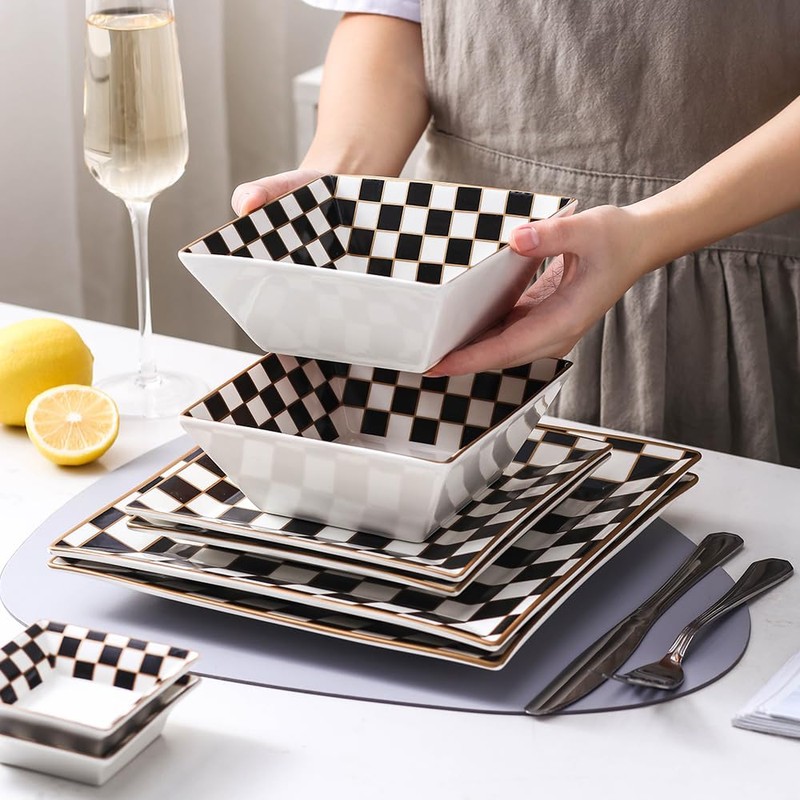 Porlien Checker Porcelain Square Dinnerware Set for 4, Dishes Set