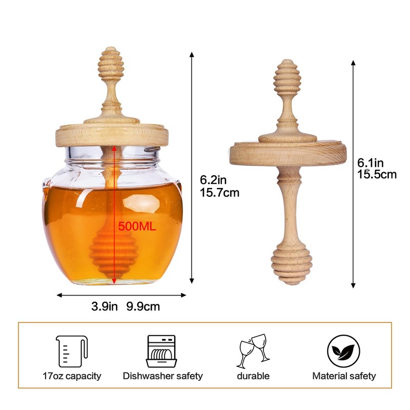 Bitbat Honey Pot 17oz Glass Honey Jar with Dipper, Wooden
