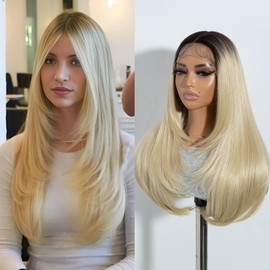 Joedir Long Straight Wigs for Women with Fringe Ombre Blonde Wig with Dark Roots Synthetic Layered Wigs for Daily Party Use