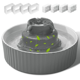 Ceramic Cat Water Fountain, 2.1L/70oz Porcelain Pet Drinking Dispenser with 4 Set Replacement Filter & Sponge, Automatic Dog Water Bowl with Ultra-Quiet Pump, Cat Feeding Watering Supplies(Grey)