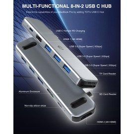 Type C Docking Station, TOTU USB C Hub Multiport Adapter with Dual HDMI, 8 in 2 Type C Docking Station, 92W Power Delivery, 3 USB 3.0 Ports, SD and TF Card Reader for Laptop and Other Type C Devices