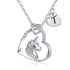 TINGN Unicorn Necklace for Girls Gifts, 14K White Gold Plated Colorful CZ Heart Pendant Necklace Jewelry Letter Unicorn Initial T Necklace Teenager Gifts Girls Jewelry Unicorn Gifts for Girls