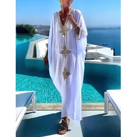 Bsubseach Gold Embroidery Long Kaftan Dresses V Neck Caftan Dress Beach Cover Ups for Women White
