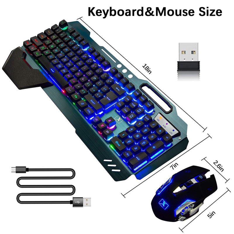 Wireless Gaming Keyboard and Mouse,Rainbow Backlit Rechargeable Keyboard Mouse with
