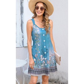 Disamer Summer Dresses for Women 2025 Sundresses Beach Swimsuit Coverups Vacation Sleeveless Button Down Spring Sun Dress,Floral Blue,Large