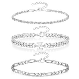 ZENGSING Men's Bracelet with Letters, 3 Pcs Chain Bracelet for Men Women, Silver Stainless Steel Bracelets, Hip Hop Bracelets with Initial Letter, Gift for Dad Son Brother Boyfriends (Silver Z)