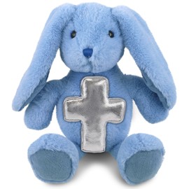 DolliBu Blue Rabbit Stuffed Animal with Silver Cross Plush - Religious Baptism Gift for Boys and Girls, Cute Dedication Christening Gift Plush Prayer Toy Healing Teddy Bear - 8 Inches