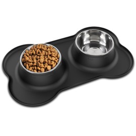 Takfox Dog Bowls, Stainless Steel Puppy Food and Water Bowl Set with No Spill Non-Skid Silicone Mat Pet Feeding Dishes for Small Medium Large Breed Size Dogs Cats, Black