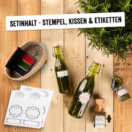 Trodat Vintage Homemade Set for Creative Design - 6 Imprint Motifs, German, Creative Stamps in Vintage Look Including Ink Pad in Grey, Green, Red, 30 x 5 mm, 12 Labels in 3 Designs