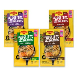 Hoja Sazonadora Maggi Jugoso al Sartén, combo de 4 sabores Finas Hierbas, A la Leña, Ajo y Cebolla, Pimentón