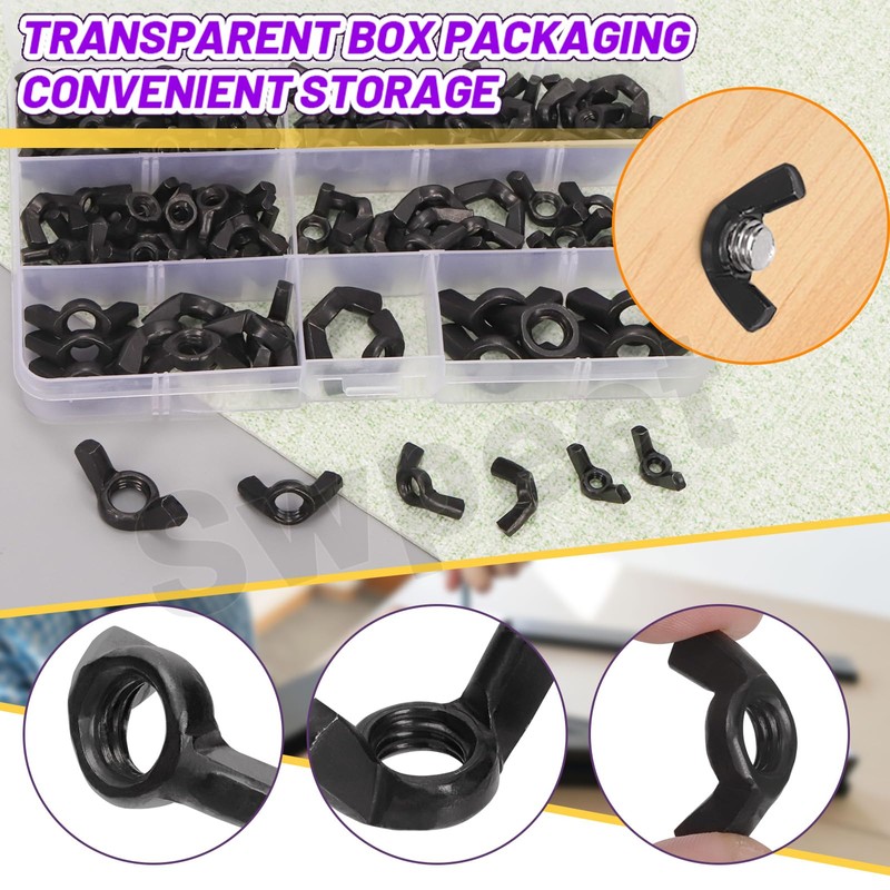 Swpeet 125Pcs Black High Strength Carbon Steel SAE Wing Nuts
