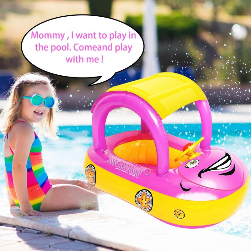 Baby Inflatable Pool Float with Canopy Thick PVC Car Shaped